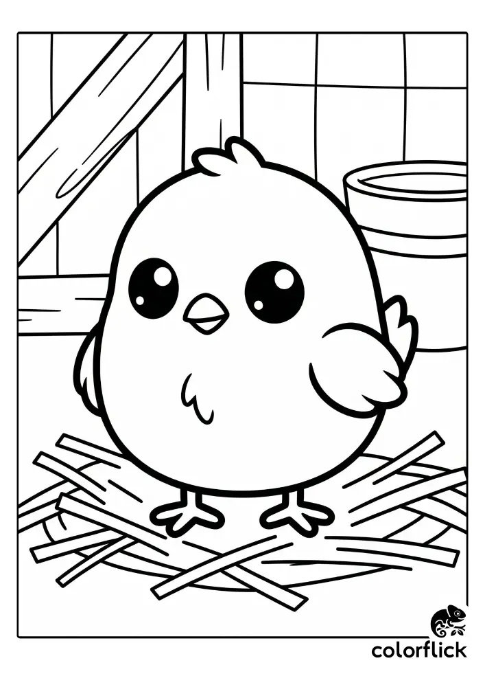 A cute chibi-style chick standing inside a simple straw nest, printable coloring page for kids.