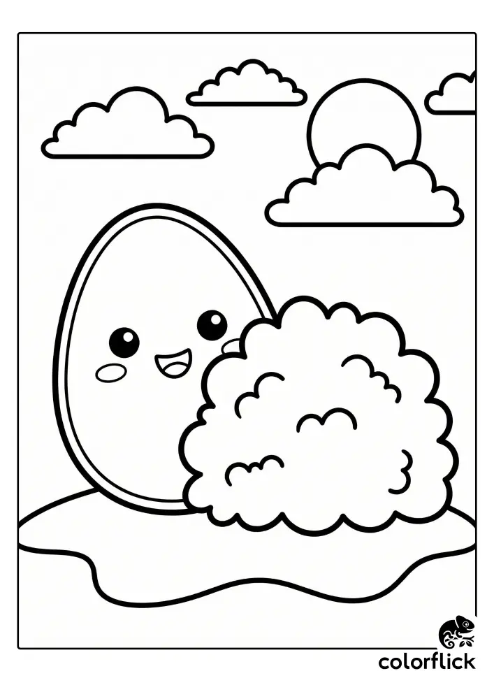 Free printable coloring sheet featuring a smiling chibi egg character peeking out from behind a fluffy round bush outdoors under the sun and clouds.