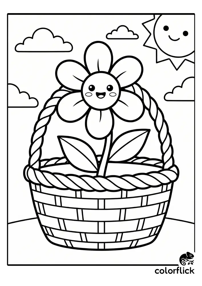 Free printable coloring sheet featuring a smiling chibi flower with large rounded petals sitting inside a woven basket under a cute sun and clouds.
