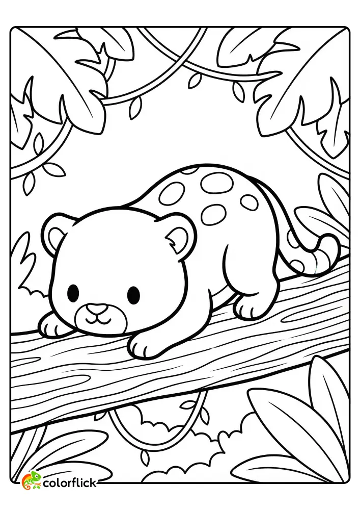 Adorable chibi jaguar cub crouching flat on a thick tree branch surrounded by jungle leaves, a free printable coloring sheet for kids and toddlers.