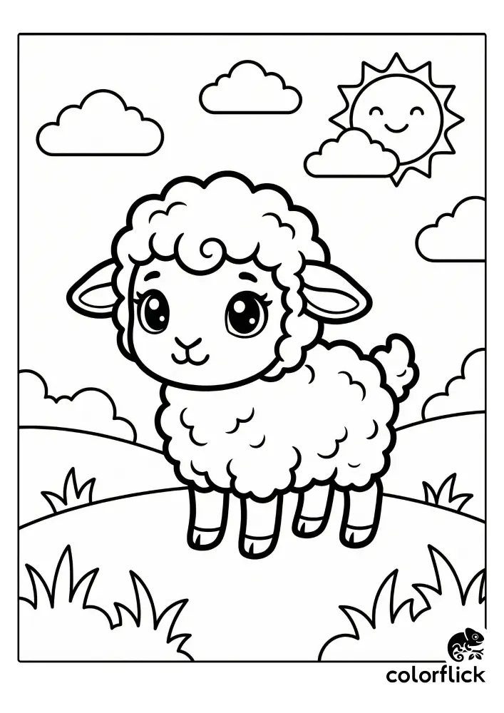 Free printable coloring sheet featuring a smiling chibi lamb with fluffy wool standing on a grassy hill under a cute sun and clouds.