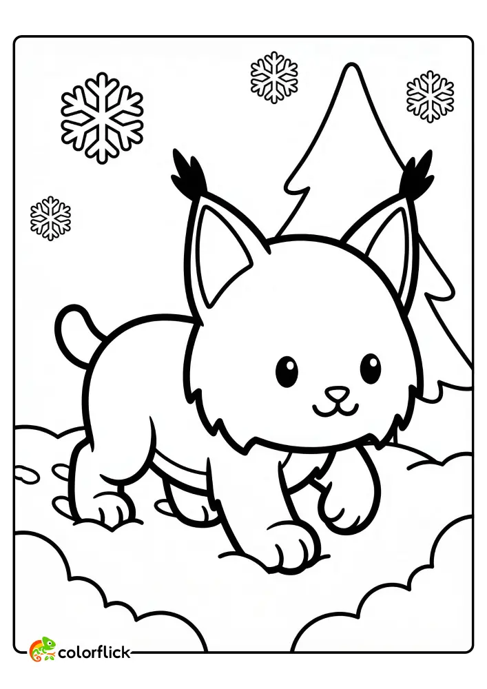 Adorable chibi lynx kitten walking through snowdrifts with snowflakes and a spruce tree in the background, a free printable coloring page for kids to enjoy.