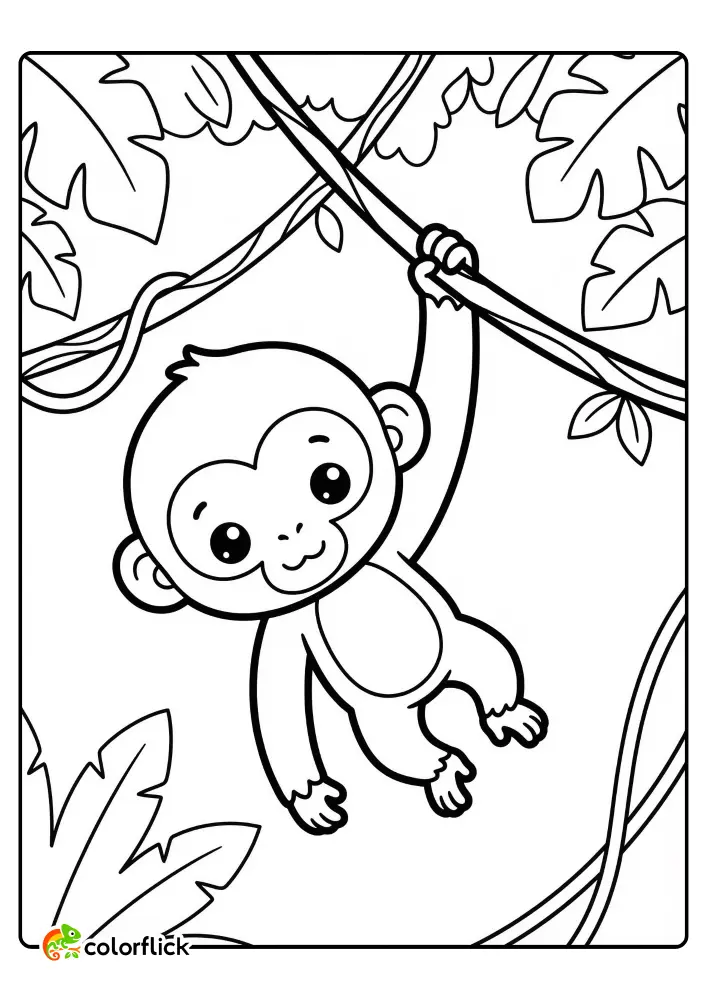 Adorable chibi monkey hanging by one arm from a thick jungle vine surrounded by leaves, a free printable coloring sheet for kids and toddlers.