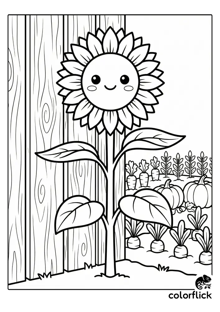Free printable coloring sheet for kids showing a tall, happy chibi sunflower character next to a rustic wooden fence, with pumpkins and carrots growing in a vegetable patch behind it.