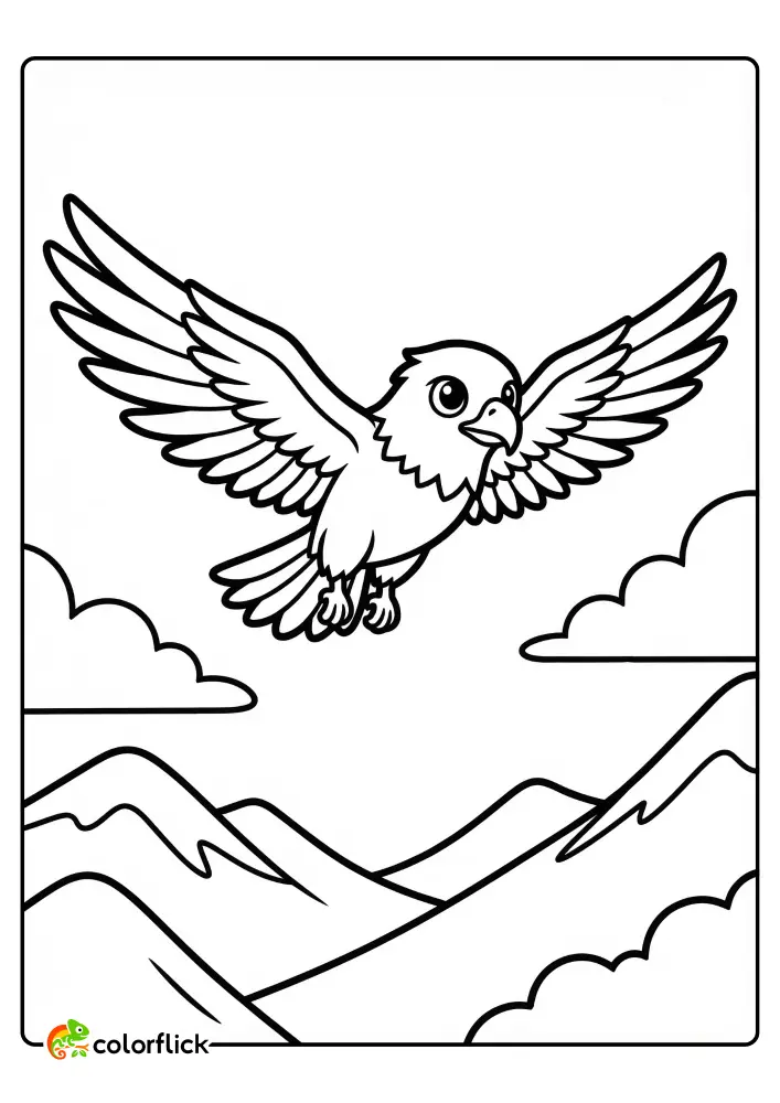 A cute chibi eagle soaring with wings spread wide above mountain peaks and clouds, a printable coloring page for kids.