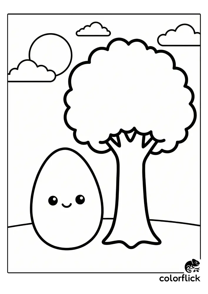 Free printable coloring sheet featuring a smiling chibi egg character sitting on the ground next to a large, simple tree under a sun and clouds.