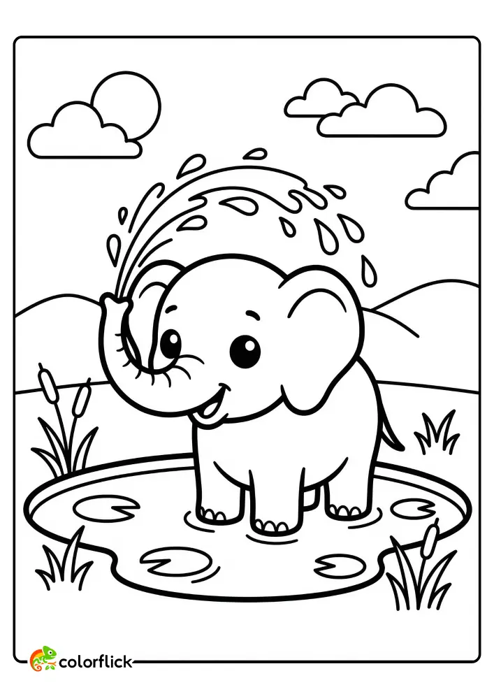 Chibi elephant spraying a stream of water from its trunk in a pond, a printable coloring page for kids.