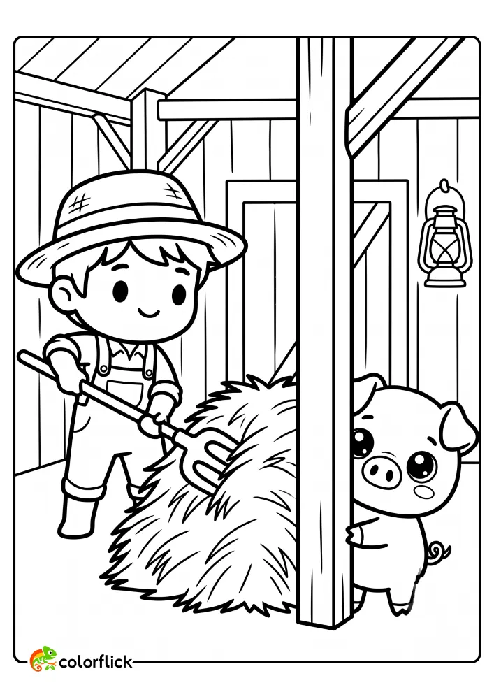 A cute boy farmer moves a pile of hay with a pitchfork inside a barn, while a curious chibi pig peeks from behind a wooden pillar, a printable coloring page for kids.