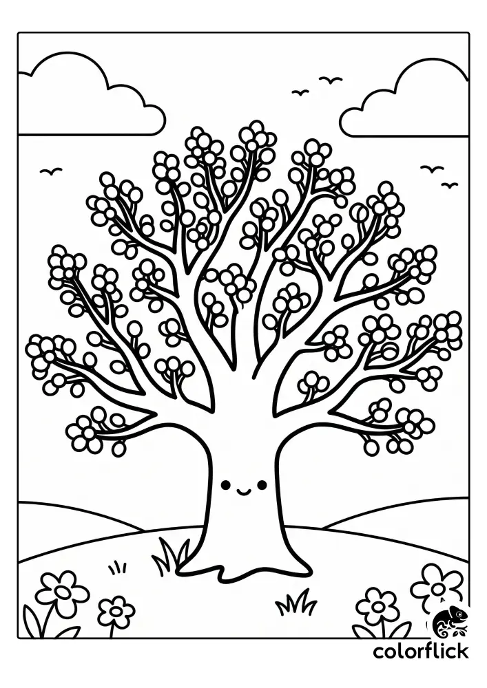 A cute chibi tree with a smiling face and numerous small flower buds on its branches in a simple field, a printable coloring page for kids.