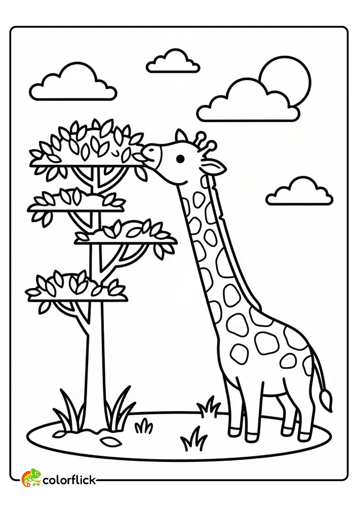 A Chibi giraffe stretching its neck to eat leaves from the top of a layered tree, a printable coloring page for kids.