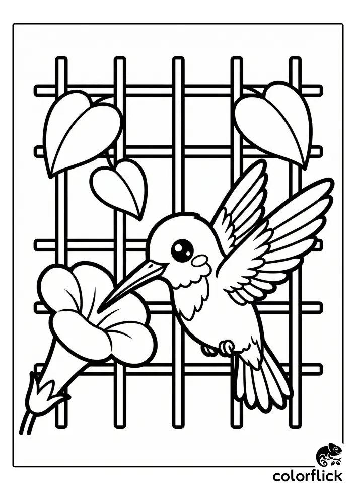 Cute chibi hummingbird with spread wings feeding from a large trumpet flower on a garden trellis in this printable coloring page for kids.