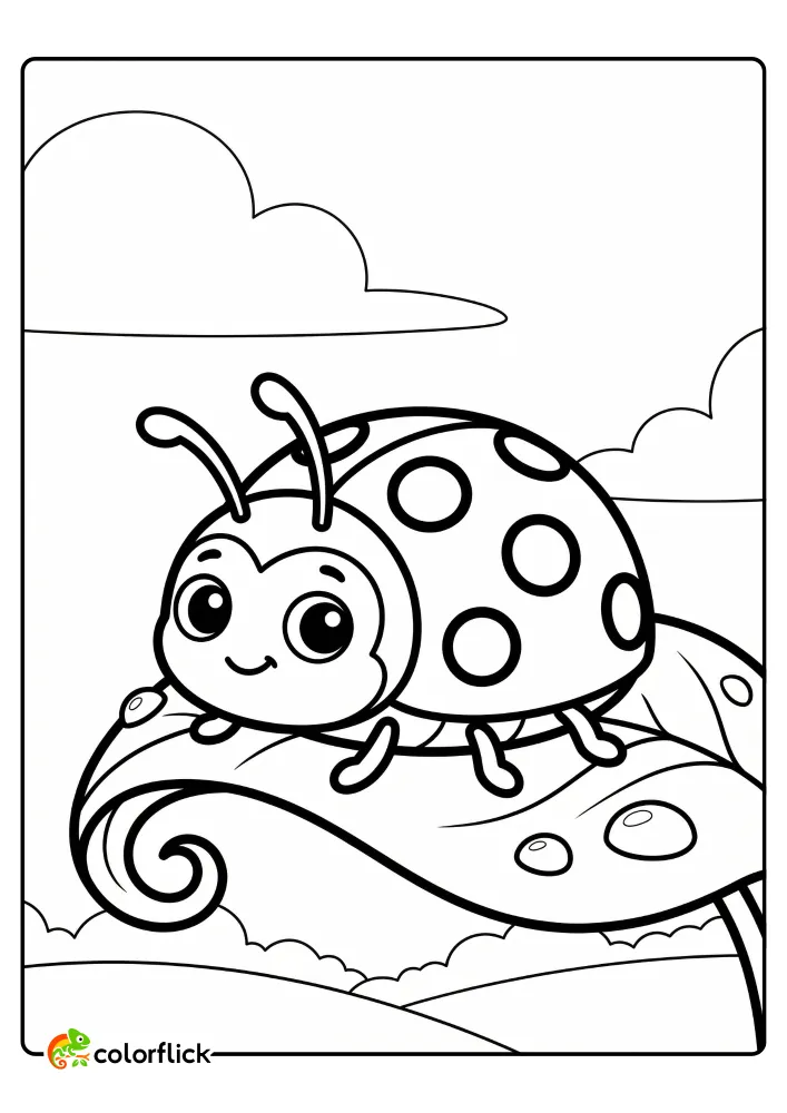 Cute printable coloring page for kids featuring a happy ladybug resting on a large leaf with dewdrops under a cloudy sky.