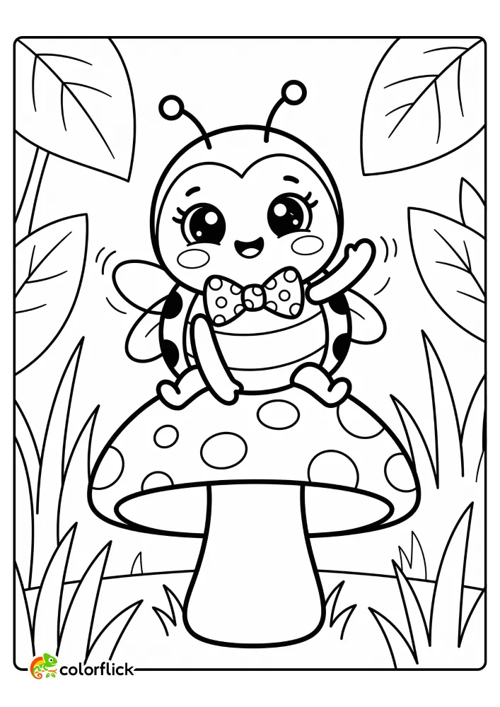Cute cartoon ladybug sitting on a spotted mushroom cap and waving hello, a printable coloring page for kids.