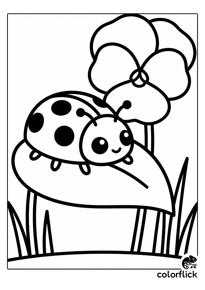 Cute chibi ladybug with large spots sitting on a wide, smooth leaf next to a simple pansy flower in this easy printable coloring page for kids.
