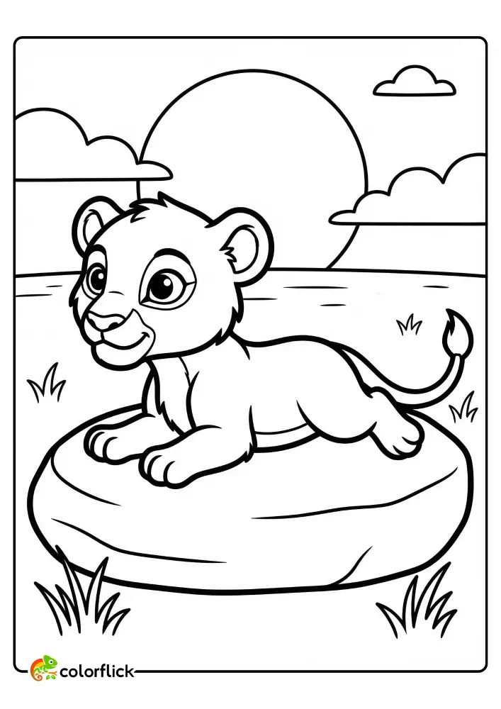 A cute Chibi lion cub lying on a rock in a grassy field, a printable coloring page for kids.