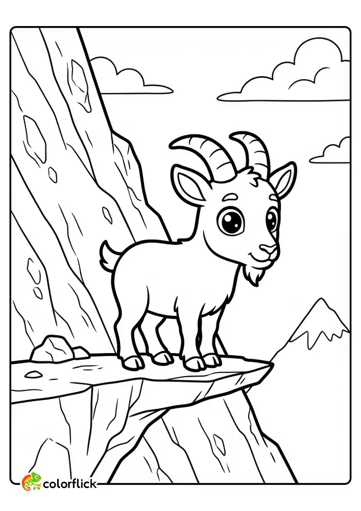 A cute chibi mountain goat standing safely on a rocky cliff ledge with distant mountains, a printable coloring page for kids.