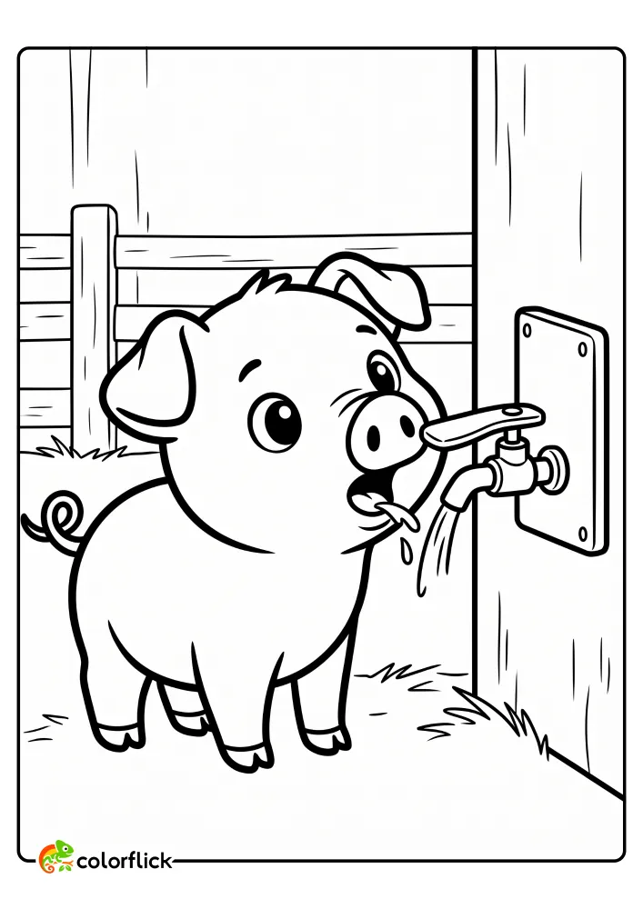 Cute pig drinking from an automatic water dispenser on a farm, a printable coloring page for kids.