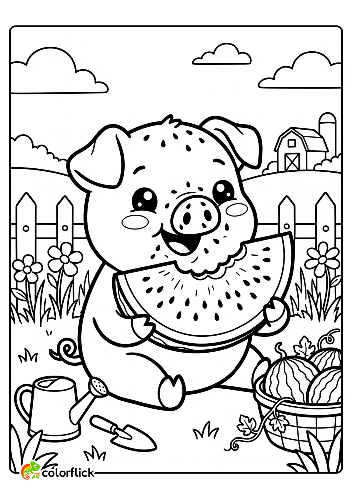 Cute cartoon pig happily eating a watermelon slice with seeds in a farm garden, a printable coloring page for kids.