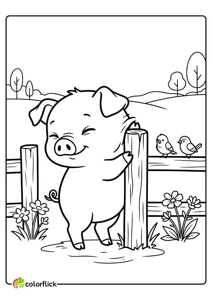 A cute smiling pig with eyes closed stands leaning on a wooden fence post with flowers and two birds on a rail in a countryside setting, a printable coloring page for kids.