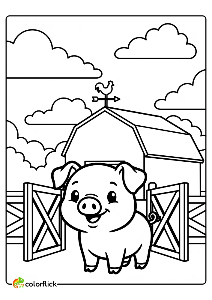 Cute cartoon pig standing at an open wooden farm gate with a barn and weather vane in the background printable coloring page for kids.