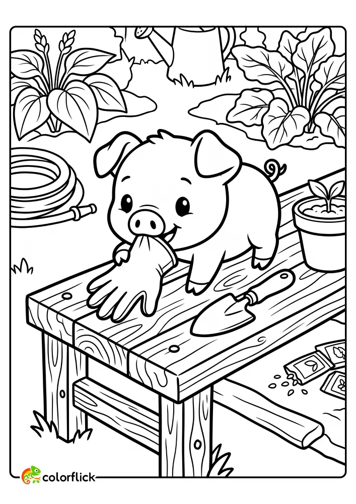 Cute piglet playing with a large gardening glove on a wooden bench in a detailed garden printable coloring page for kids.