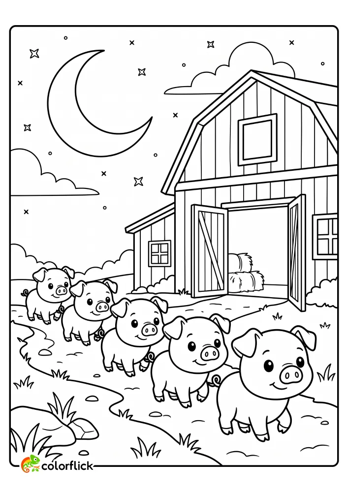 Cute piglets walking in a single-file line along a path towards an open barn under a crescent moon and stars printable coloring page for kids.