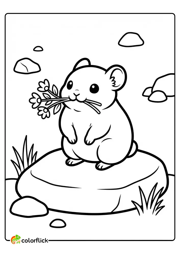 A cute chibi pika sitting on a large rock, holding a small bunch of flowers in its mouth, a printable coloring page for kids.
