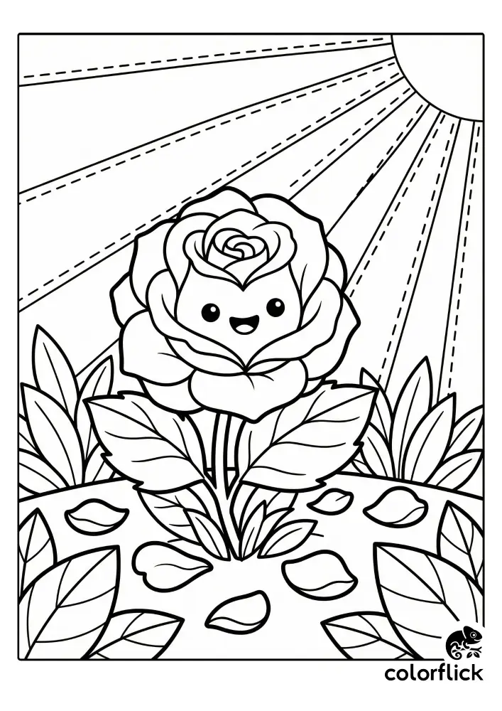 A free printable coloring sheet for kids featuring a cute chibi smiling rose flower in a garden setting with sunlight rays and falling petals.