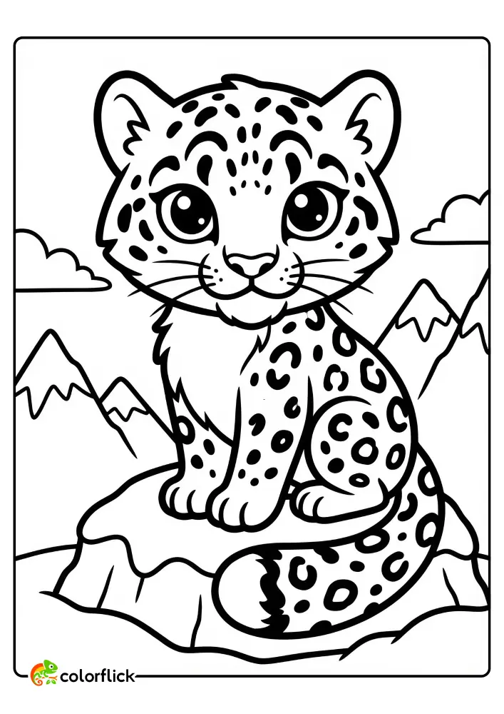 Adorable chibi snow leopard cub sitting upright on a snowy rock with mountain peaks in the background, a free printable coloring sheet for kids.