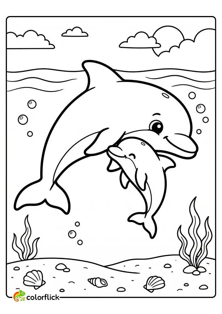A cute illustration of a dolphin mother and her calf nuzzling together in the ocean, a printable coloring page for kids.
