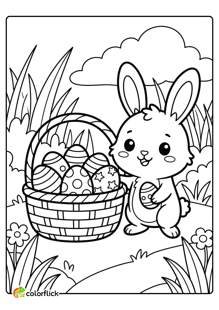 Chibi Easter Bunny holding a decorated egg next to a full basket, printable coloring page for kids.