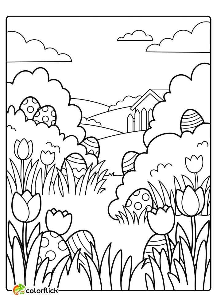 A charming spring garden scene featuring hidden decorated eggs, tulips, and a small farmhouse, ready to be colored as a printable coloring page for kids.