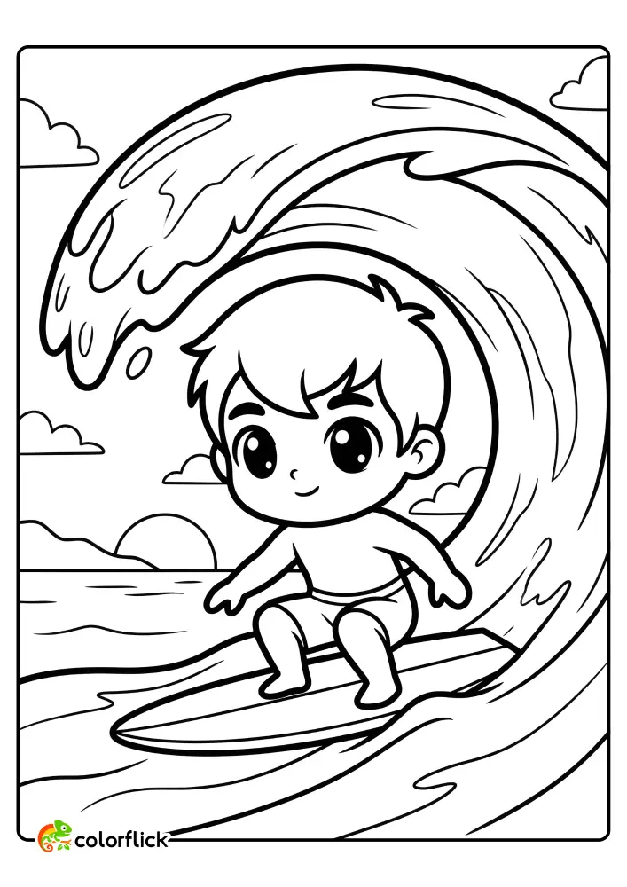 Cute boy surfer in a low crouch on a surfboard under a massive curling wave, free printable coloring sheet for kids.