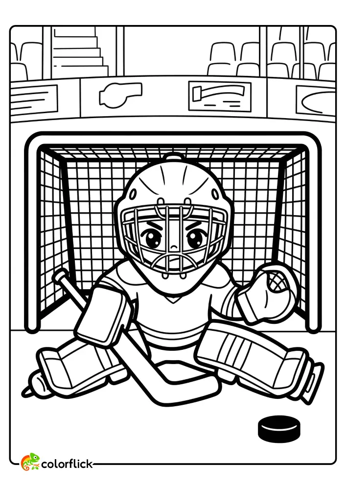 Cute hockey goalie in a split save pose with a puck and net, free printable coloring sheet for kids.