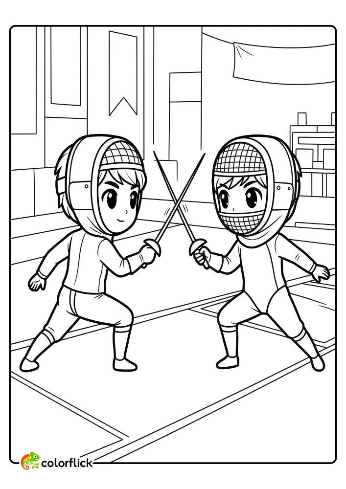 Two cute children fencers wearing masks and fencing gear are facing each other with crossed foils in a friendly salute, an easy printable coloring page for kids to enjoy.