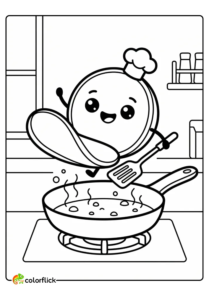 Cute pancake character in a chef's hat mid-flip with a spatula over a frying pan printable coloring page for kids.