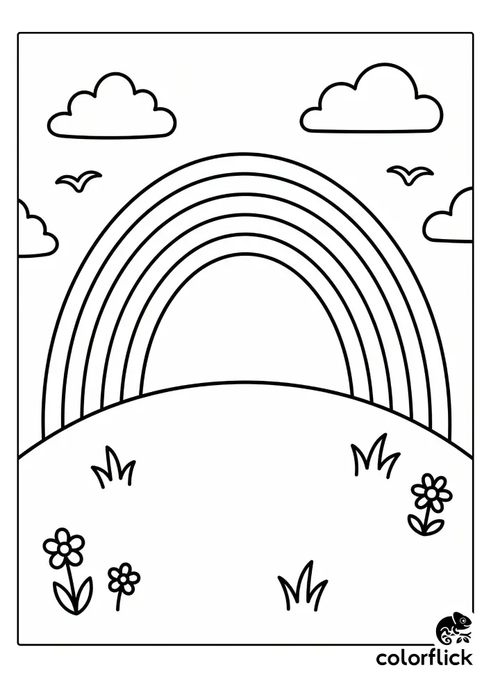 A charming chibi style black and white outline drawing of a large rainbow arching over a simple hill with small flowers, clouds, and birds, printable coloring page for kids.