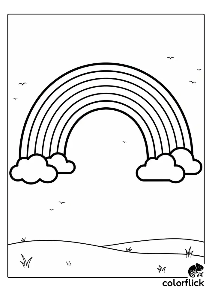 Chibi style rainbow with two simple clouds on each side of its base, arching over rolling grassy hills with birds in the sky, printable coloring page for kids.