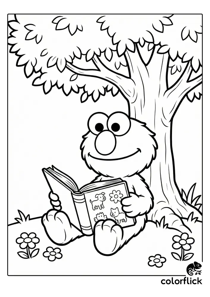 Chibi Elmo sitting peacefully under a large shady tree reading a picture book, a free printable coloring page for kids and toddlers.
