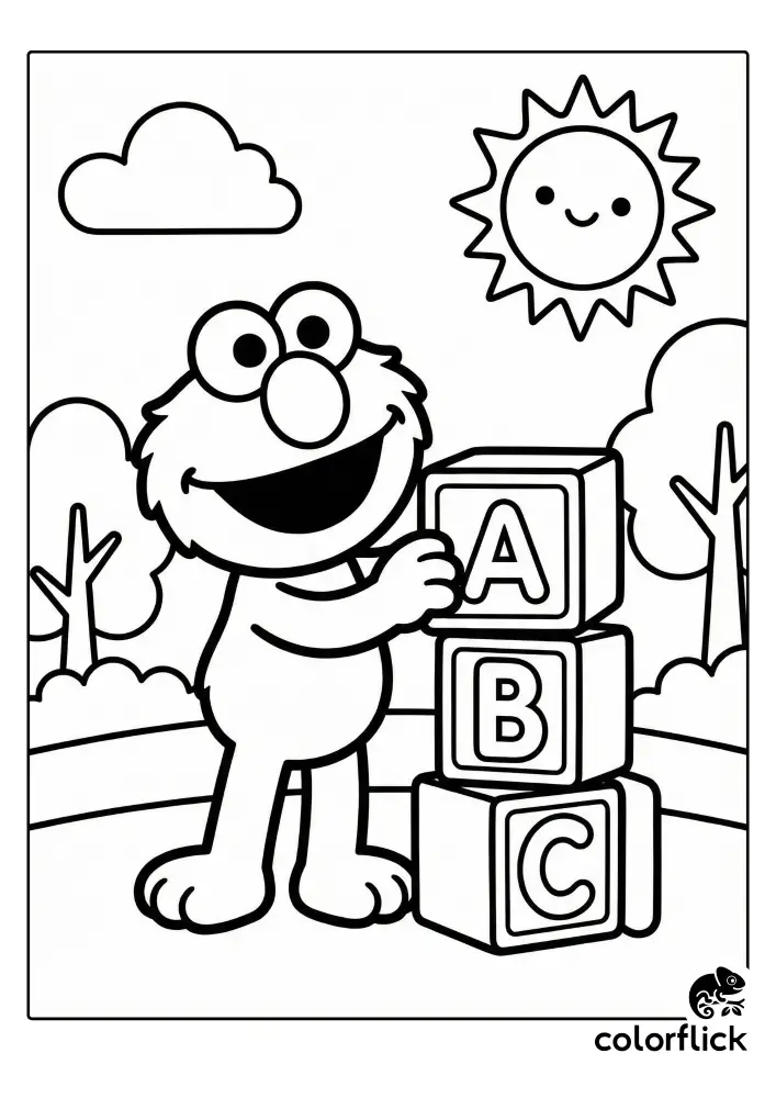 Chibi Elmo joyfully stacking large alphabet blocks in a sunny park, a free printable coloring page for kids and toddlers.