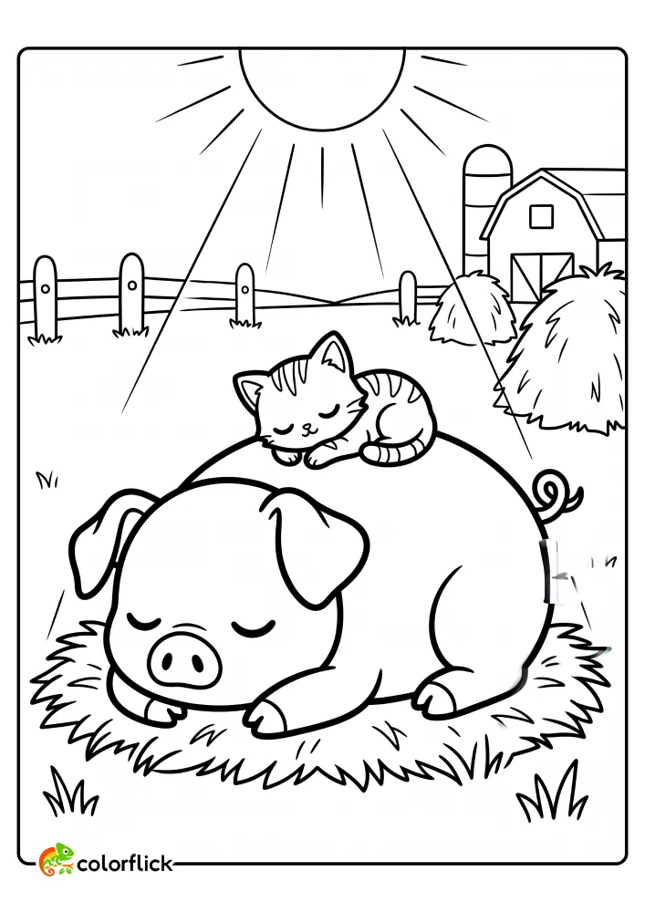 A cute farm kitten sleeping soundly on the back of a large sleeping pig in a sunlit farmyard, printable coloring page for kids.