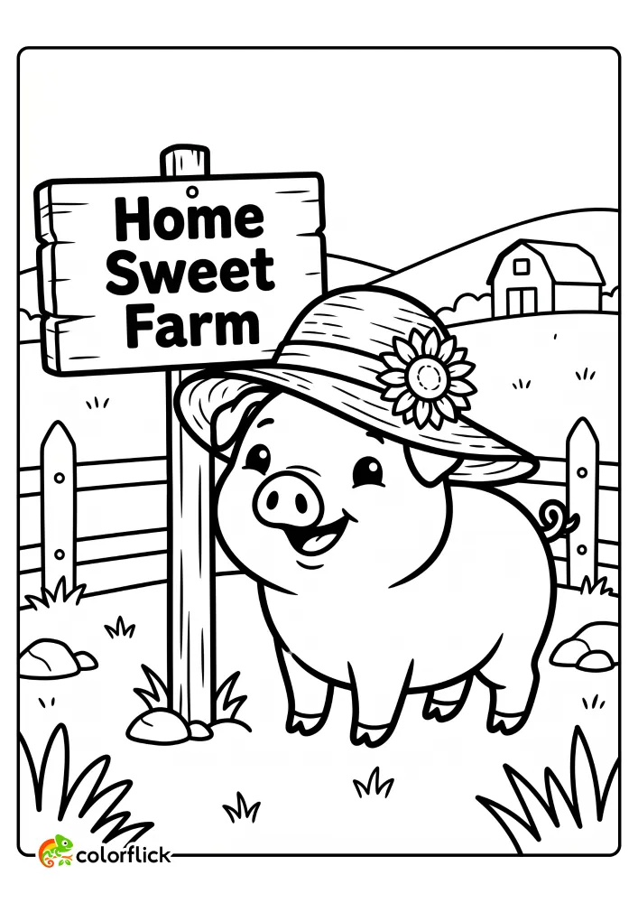 An adorable farm pig wearing a straw hat with a sunflower is smiling next to a sign that says 'Home Sweet Farm', on this printable coloring page for kids.