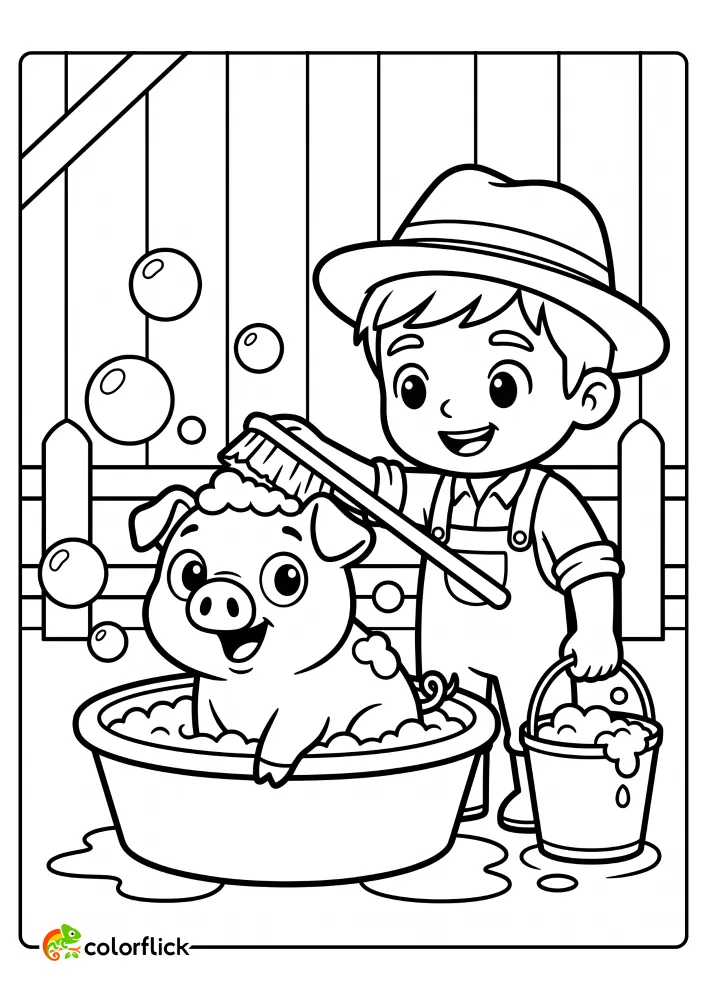 A cute cartoon coloring page of a farmer boy giving a pig a bath with bubbles in a wash tub on a farm.