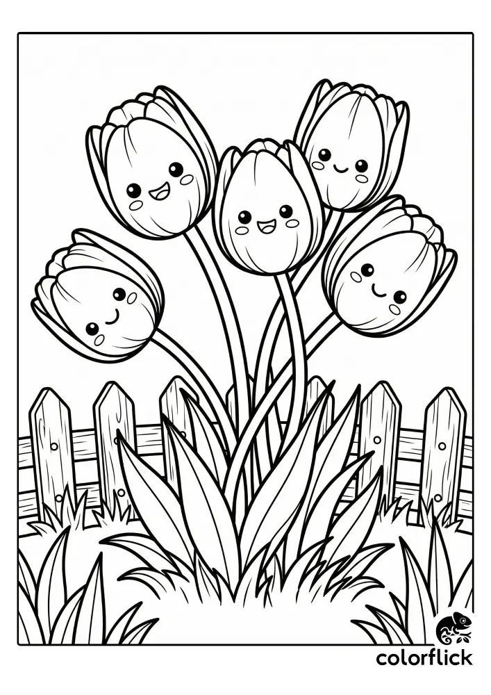 Free printable coloring sheet for kids showing a cluster of five adorable chibi tulip flowers with happy faces, swaying slightly in a backyard garden beside a picket fence.