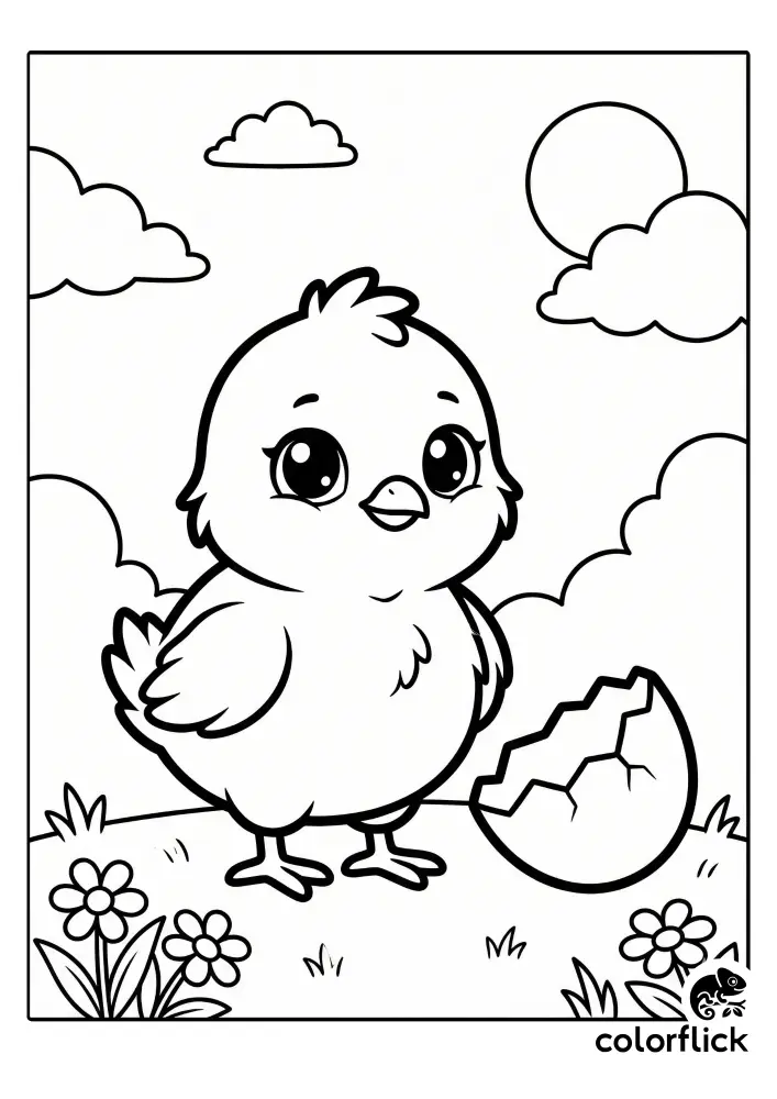 Free printable coloring sheet featuring a fluffy chibi chick standing on grassy ground next to a broken half-shell under a cheerful sun and clouds.