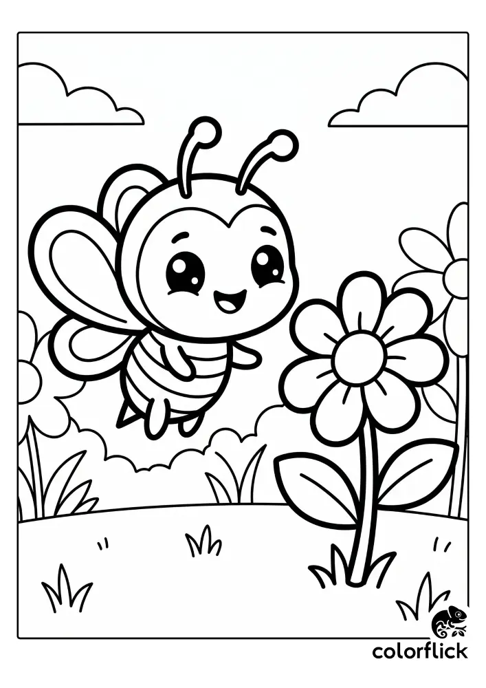 An adorable Chibi bee with large eyes smiles while flying next to a big flower in a simple garden printable coloring page for kids.
