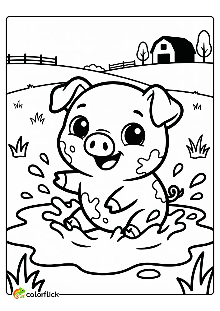 Cute happy pig with a big smile splashing in a large mud puddle on a farm, a free printable coloring sheet for kids.