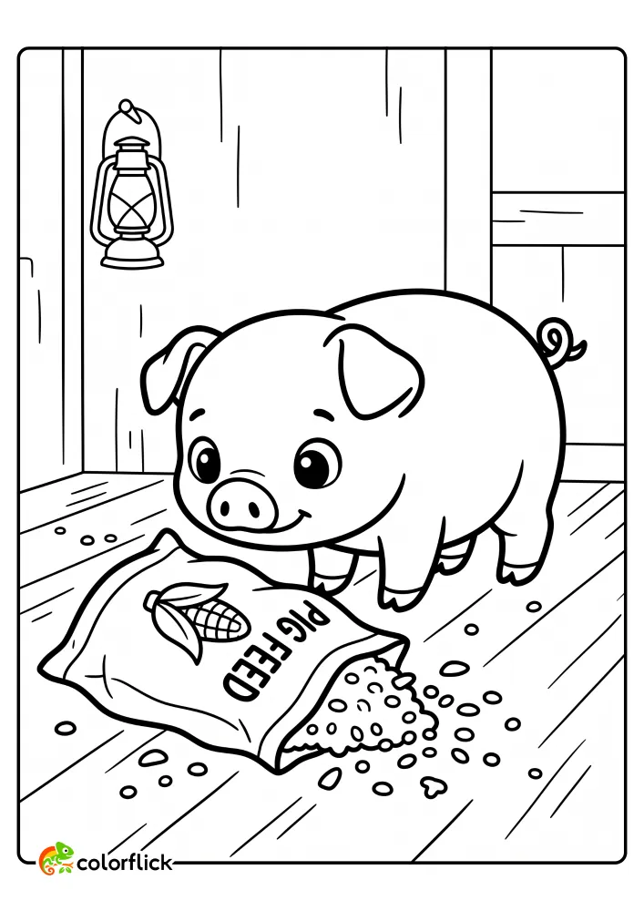 Cute piglet sniffing a spilled bag of grain pig feed printable coloring page for kids.