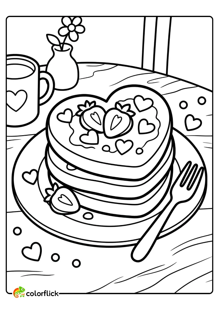 A cute stack of heart-shaped pancakes with strawberry slices and fork printable coloring page for kids.