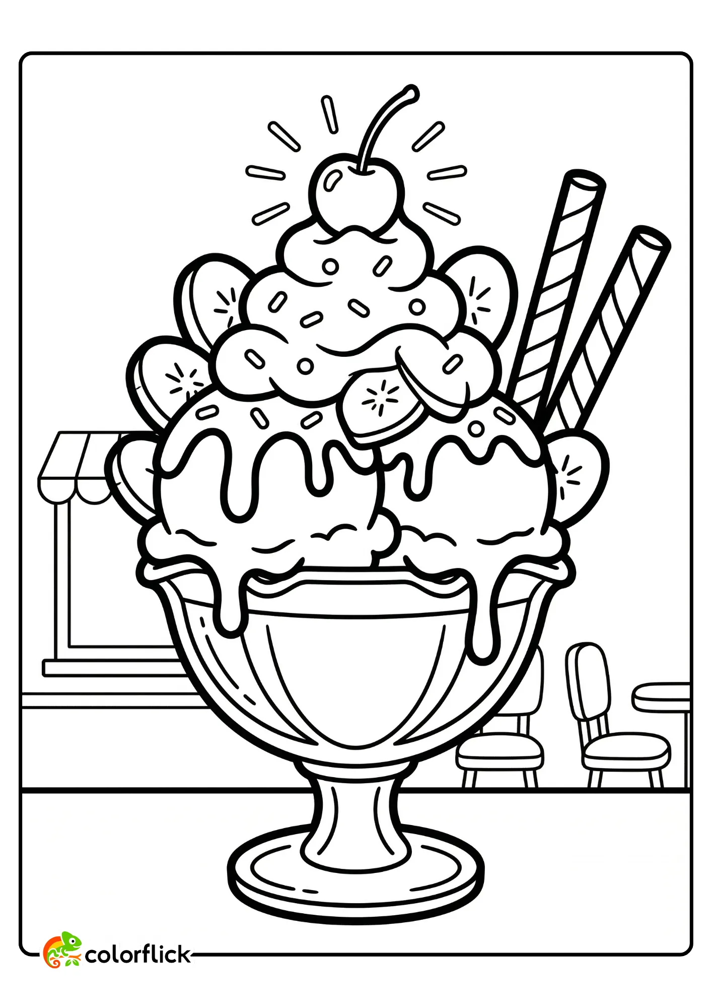 Large ice cream sundae in a glass with chocolate sauce, whipped cream, bananas, and a cherry on top, a free printable coloring sheet.